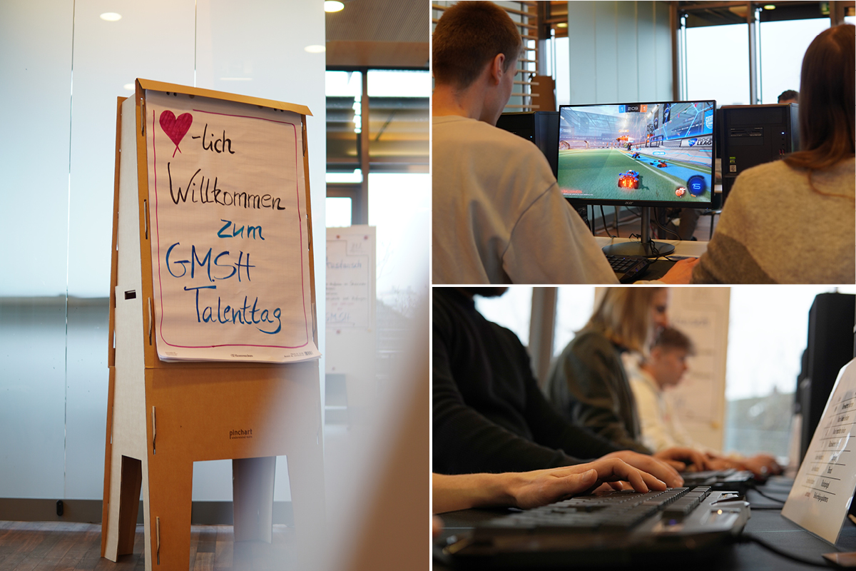 GMSH Talenttag. Impressionen vom Tag als Collage. Studis spielen E-Sport am PC.
